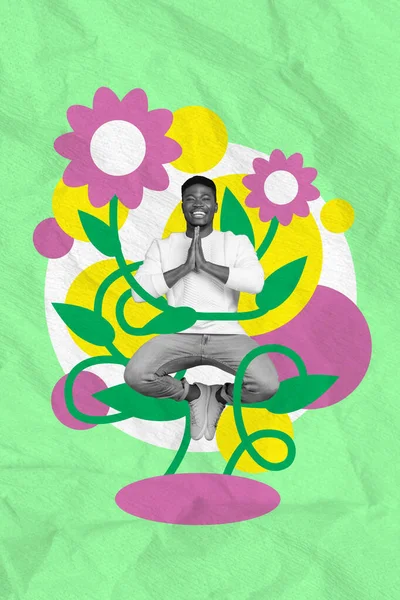 縦コラージュ画像のミニ興奮黒男Levitate瞑想大きな描画春の花隔離された緑の背景 — ストック写真