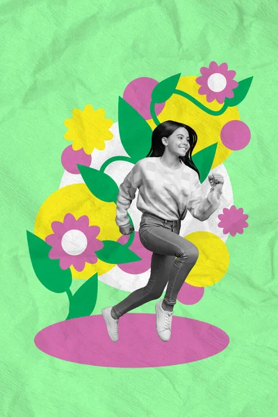 Vertikale Collage Porträt Von Aufgeregten Aktiven Schwarzen Weißen Farben Mädchen — Stockfoto