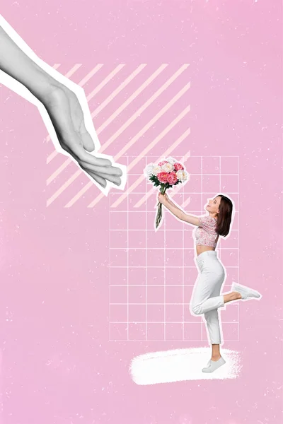 Вертикальный Розовый Творческий Коллаж Художественный Плакат Изображением Большой Руки Подарить — стоковое фото
