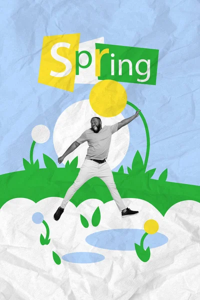 兴奋而喜庆的黑人白人伽马射线跳跃的垂直拼贴图片 在图画的背景下享受春天的气候 — 图库照片