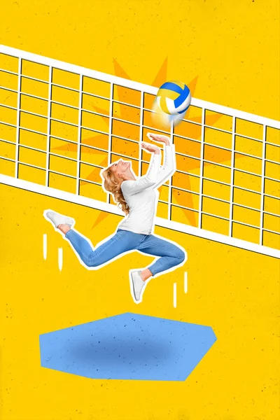 Imagem Colagem Vertical Pessoa Ativa Esportiva Saltando Bola Vôlei Líquida — Fotografia de Stock