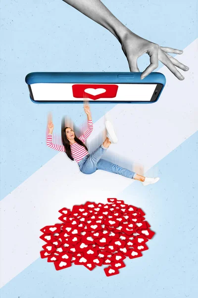 Photo Collage Design Reklama Młodych Popularnych Blogowania Gwiazda Spada Przycisku — Zdjęcie stockowe
