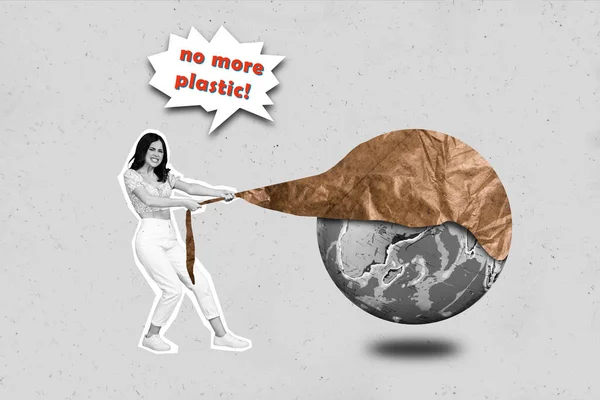 Sammansatt Retro Affisch Collage Unga Aktivist Flicka Prova Ren Planet — Stockfoto