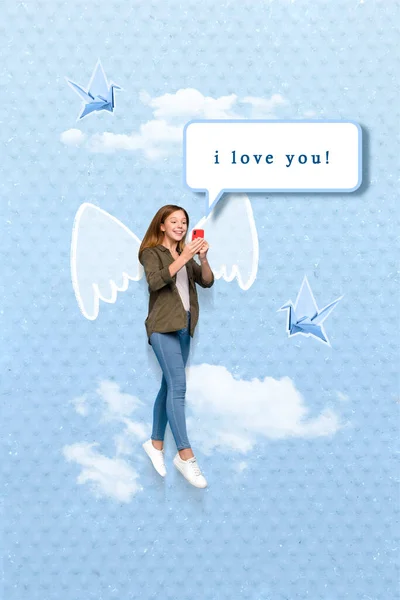 Vertikale Collage Bild Von Aufgeregten Positiven Mädchen Flügel Fliegen Himmel — Stockfoto