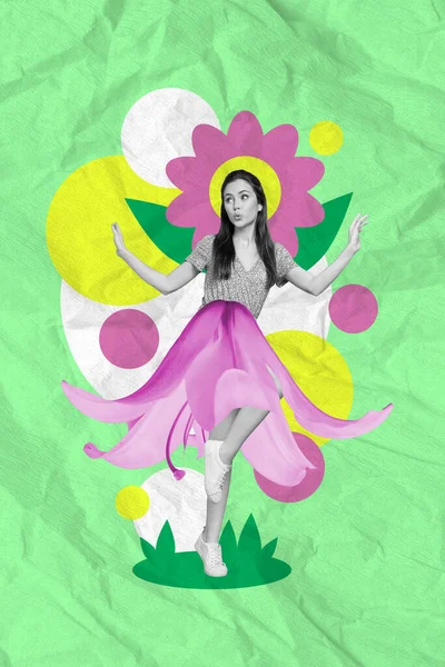垂直コラージュ肖像画のミニ平和的な黒の白い効果の女の子は創造的な背景に隔離された春の花を踊って — ストック写真