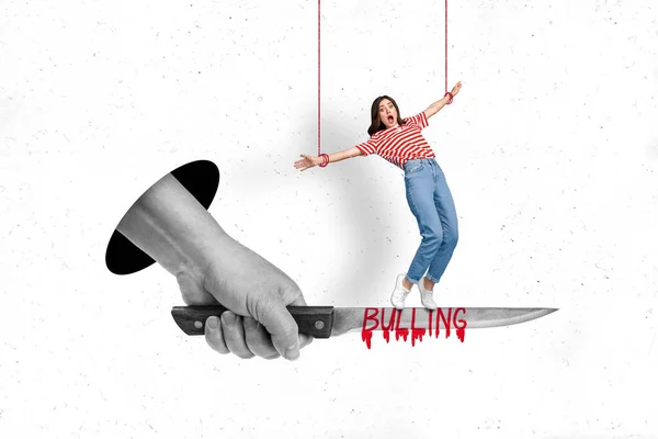 Image Young Stressed Girl Collage Concept Bullying Knife Hang Ropes — Stock Photo, Image