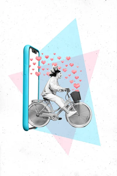 科拉奇3D弹出复古素描画面兴奋的女士骑自行车现代装置荧幕变得像孤立的绘画背景 — 图库照片
