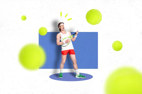 Creative 3d photo artwork graphics collage painting of funky funny guy enjoying tennis playing racquet isolated drawing background.