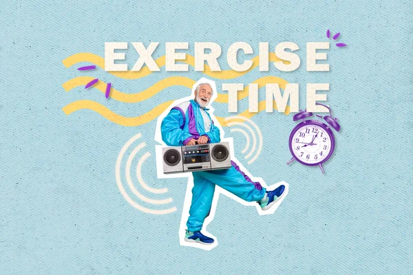 Collage 3d pinup pop retro sketch image of funny old guy coach trainer listening boom box isolated painting background.