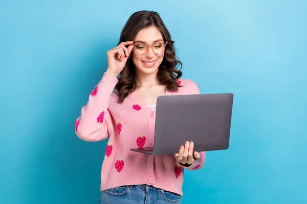 Photo advertisement courses academy young brunette hair lady hold netbook touch glasses seminar conference online isolated on blue color background.