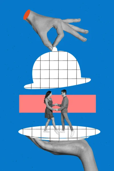 Foto Cartoon Skizze Collage Bild Von Glücklichen Lächelnden Paar Tanzen — Stockfoto