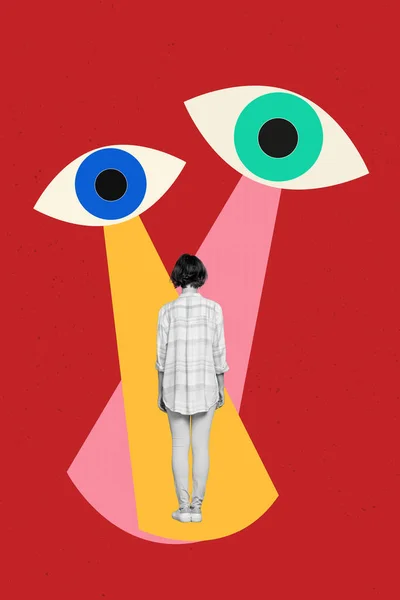 Creative Retro Magazine Collage Image Eyes Controlling Stressed Lady Isolated — Stock Photo, Image