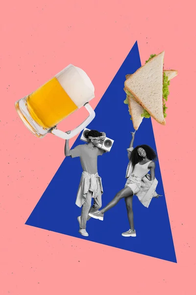 Ретро Абстрактный Творческий Шаблон Коллаж Счастливой Улыбающейся Пары Наслаждаясь Пивом — стоковое фото