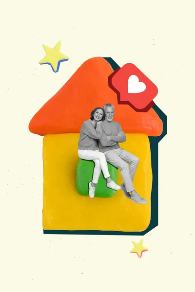 2人の年金受給者のための創造的なコラージュ写真デザインされた作品は ベージュの背景に孤立した彼らの新しいアパートに座って愛情を愛する — ストック写真