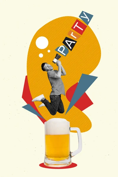 Resim Kolajı Heyecanlı Bir Adamın Çığlığı Bir Bira Partisine Davet — Stok fotoğraf
