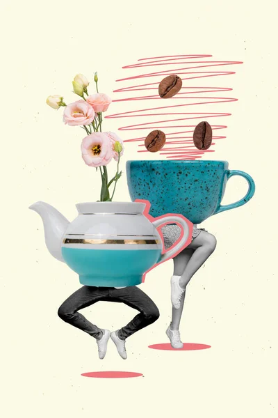 水壶咖啡杯步行腿跳跃独立画框的照片拼贴艺术简图 — 图库照片