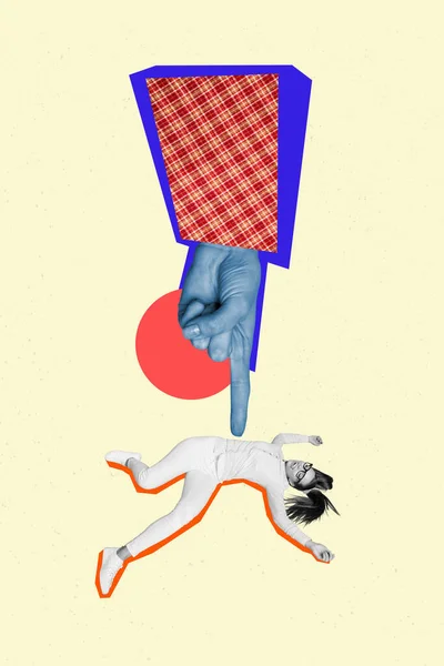 Colagem Arte Gráfica Imagem Braço Pressionando Dedo Deitado Senhora Isolada — Fotografia de Stock
