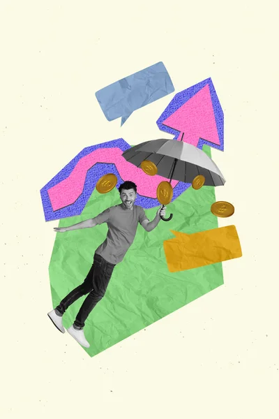 具有创意的抽象模板图形拼贴图片滑稽家伙的飞行伞收集落下的硬币孤立的绘图背景 — 图库照片