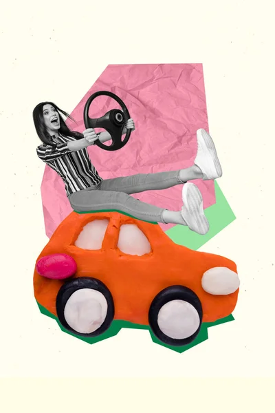Collage 3d pinup pop retro sketch image of carefree impressed lady rising small clay car isolated painting background.