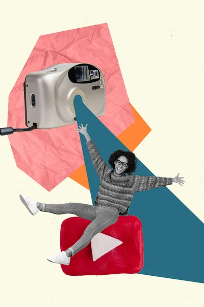 Creative Retro Magazine Collage Image Excited Smiling Lady Recording Youtube — стоковое фото