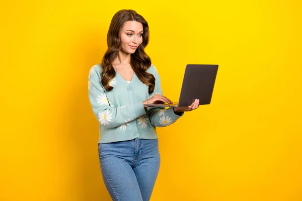 Portrait Gorgeous Person Hold Use Netbook Communicate Texting Isolated Yellow — Stock Photo, Image