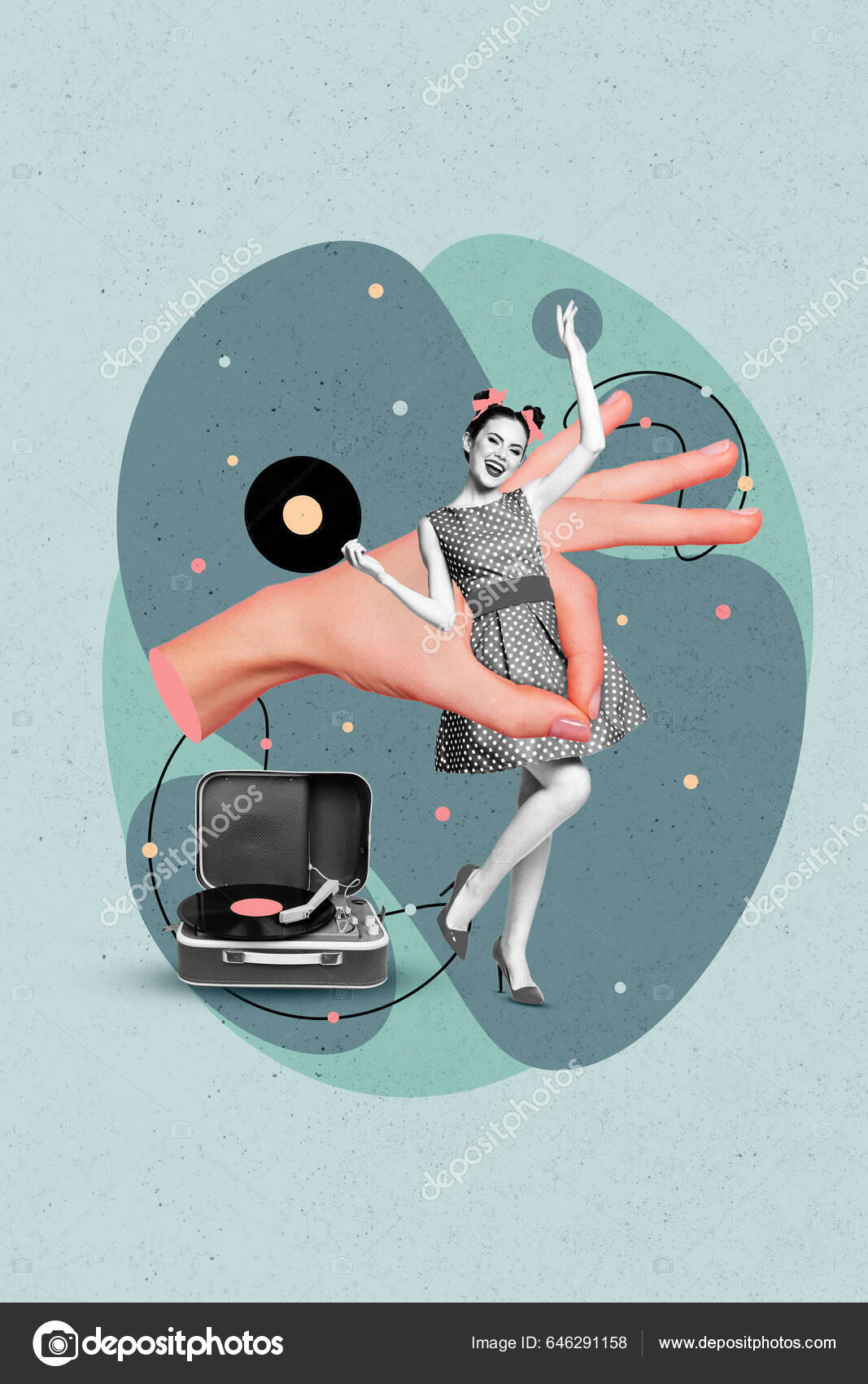 Vertikal Kreativ Fotomontasje Ung Bekymringsløs Dame Veterankjole Det Gøy  Lytt – stockillustrasjon © deagreez1 #646291158, image size:1067x1700