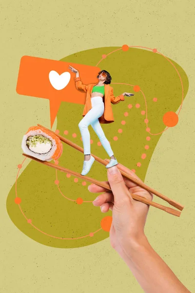 Carátula Revista Collage Foto Del Brazo Sosteniendo Sushi Dama Bailando — Foto de Stock
