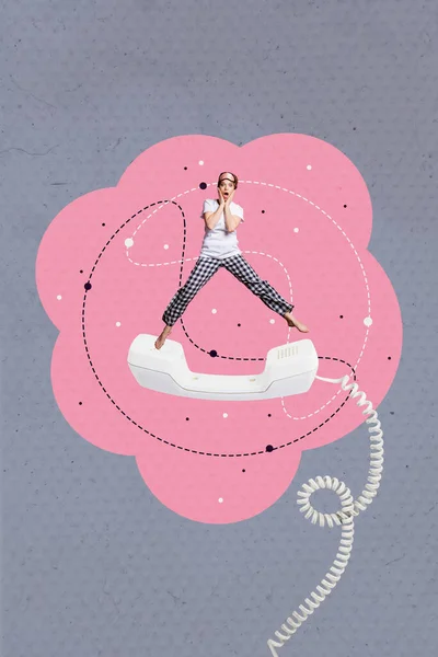 Vertical Collage Portrait Impressed Mini Girl Jumping Huge Retro Telephone — Stock Photo, Image