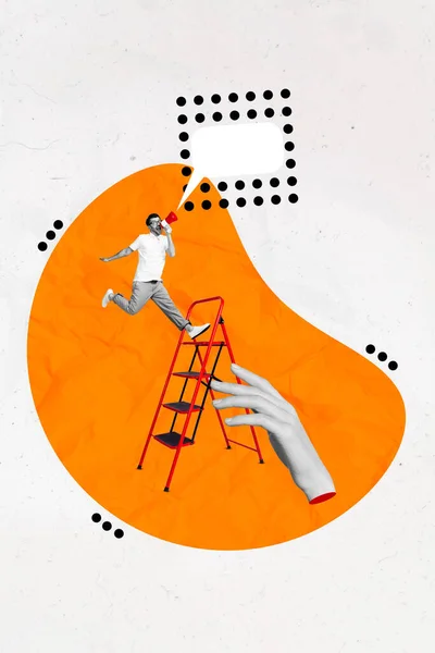 科拉奇3D拼图流行复古素描形象时髦滑稽的家伙尖叫牛角上升梯子孤立的绘画背景 — 图库照片