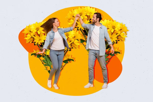 两个积极的小舞伴手挽着白色背景的大型新鲜菊花的创造性拼贴图像 — 图库照片