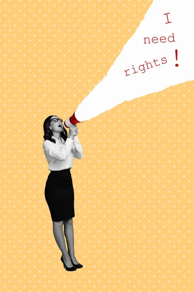 Vertical Collage Magazine Artwork Young Business Manager Lady Screaming Megaphone —  Fotos de Stock