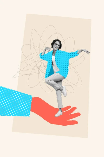 企業の若い女性労働者の創造的なトレンドポップコラージュは 手がアクティブなナイトクラブの概念を踊る立って — ストック写真