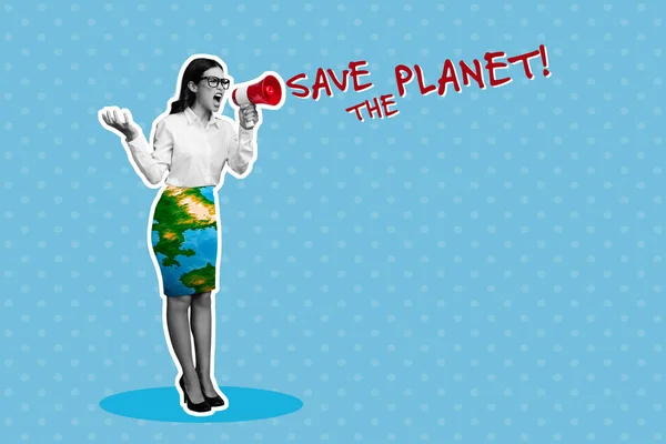 Minimalny Kolaż Młodej Krzyczącej Aktywistki Mikrofonu Zapisać Mapę Sukienki Planety — Zdjęcie stockowe
