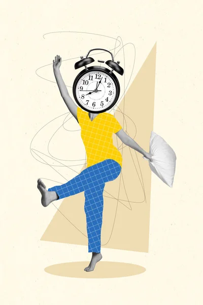 Вертикальный Графический Коллаж Девушка Проснуться Танцы Восторженные Большие Ретро Часы — стоковое фото