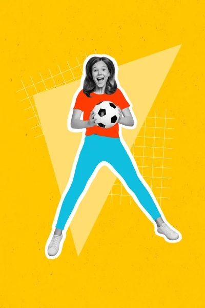 バナー絵ポスターコラージュの面白いです子供ティーン女の子キャッチサッカーボール勝国家世界ゲーム — ストック写真