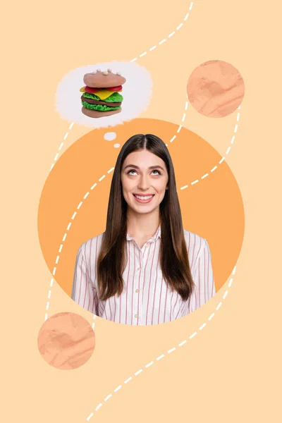 Collage Vertical Image Fille Gaie Esprit Rêve Penser Manger Hamburger — Photo