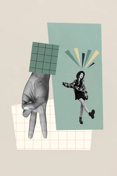 Collage Photo Artistique Créatif Jeune Fille Funky Insouciante Dansant Avec — Photo