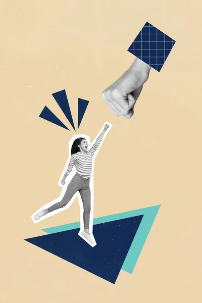 Collage Minimal Photo Young Woman Overjoyed Jumping Fists Together Connection — Stock Photo, Image