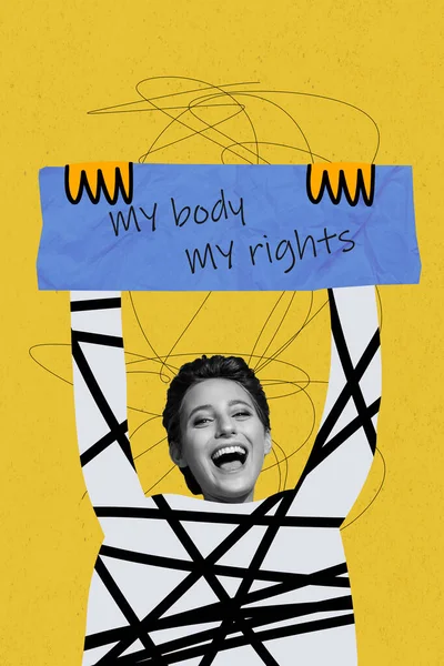 照片拼贴少女举着海报我的身体我的权利抗议者社会问题展示女性主义罢工积极分子 — 图库照片