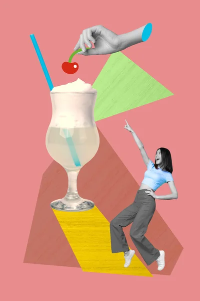 独具匠心的图片广告新的酒吧酒水不含酒精奶昔设计拼贴的年轻粗心大意的舞女与红色背景隔离 — 图库照片