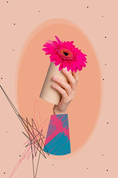 Vertikal Collage Bild Arm Hålla Papper Kaffekopp Färsk Blomma Inuti — Stockfoto