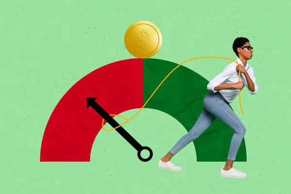 stock image Creative photo collage illustration template of young hard working woman pull arrow to get more income isolated drawing background.