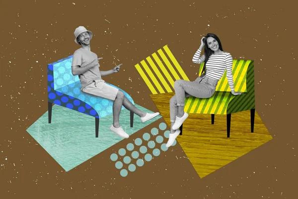 创意拼贴图片素描快乐心情的模板男人女孩坐在扶手椅上 与绘画背景隔离 — 图库照片