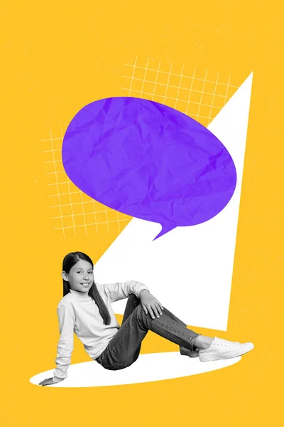 Creative Template Magazine Collage Beautiful Kid Girl Sitting Speak Purple — Stock Photo, Image