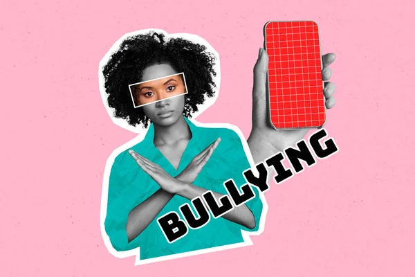 Kreatív Magazin Banner Kollázs Fiatal Hölgy Átkelés Fegyverek Megállítani Cyberbullying — Stock Fotó