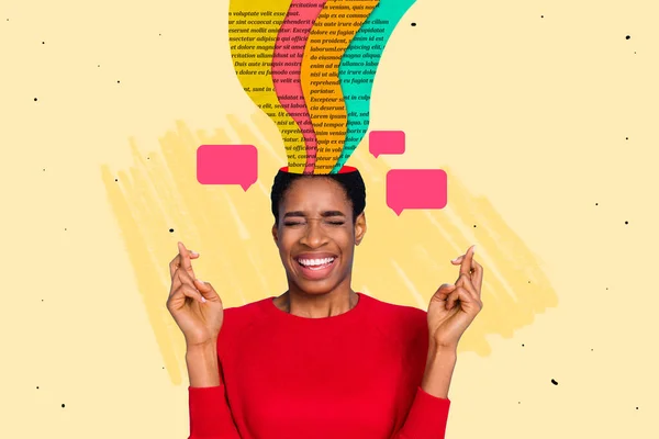 Creative Photo Collage Afro American Funny Positive Woman Hold Fingers — Stock Photo, Image