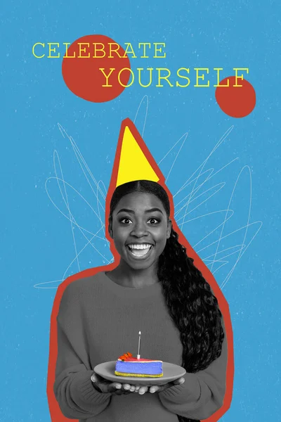 Creative Collage Photo Banner Psychology Advertisement Woman Celebrate Herself Cake — Stock Photo, Image