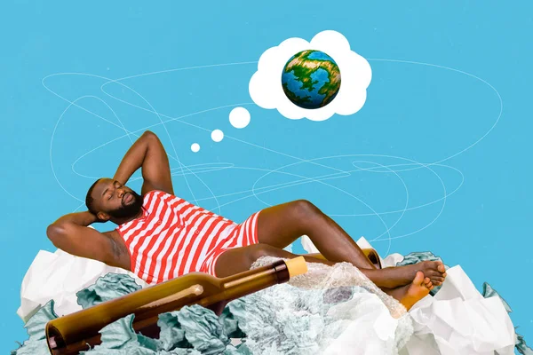 Young man sleeping among world ocean trash dream of clean ecology save planet anti garbage conceptual collage photo.