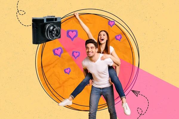 Creative Photo Collage Artwork Optimistic Satisfied Couple Guy Girl Making — Stock Photo, Image