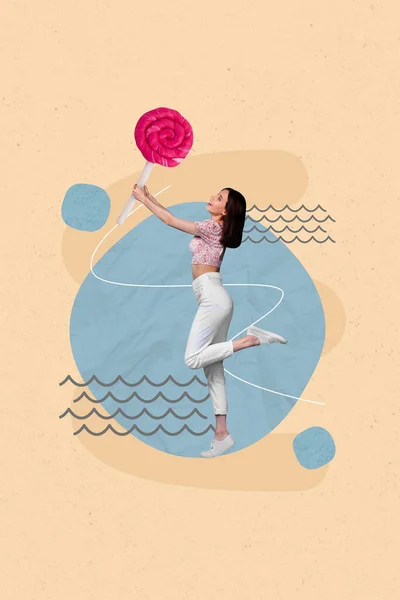긍정적 여성의 창조적 콜라주 페인팅 배경에 고립된 커다란 사탕을 — 스톡 사진